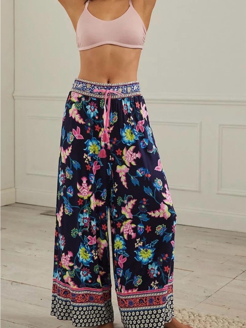 Anthropologie Zadie Blue Floral Sleep Lounge Pants Pink Velvet Drawstring Sz XS